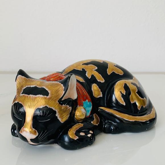 Antique Sleeping Cat Nemuri Neko Kutani Imari Porcelain Cat Japan Gilded